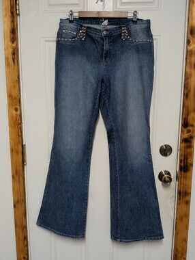 CACHE Studded Rhinestone Rivet Detail Flare Jeans, Size 12